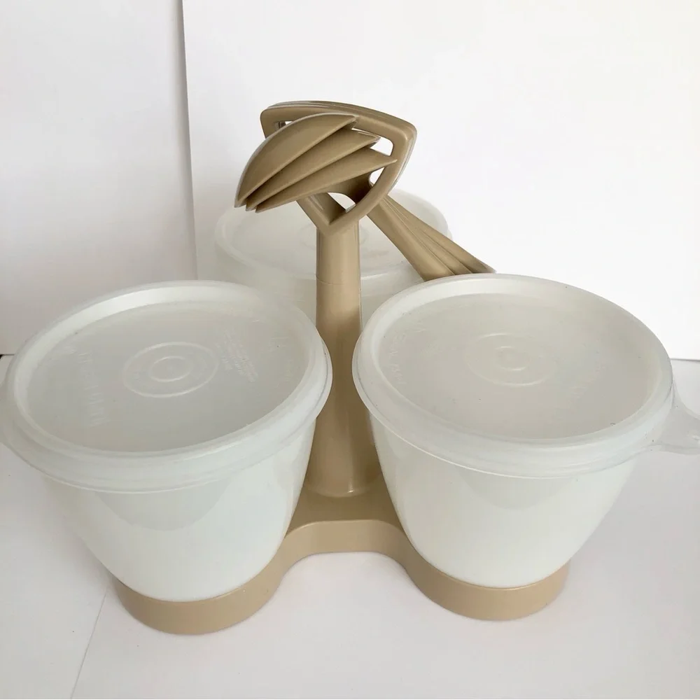 Tupperware Caddy Condiment Server 3 bowls 3 lids set with spoons Vintage carrier - Picture 6 of 7